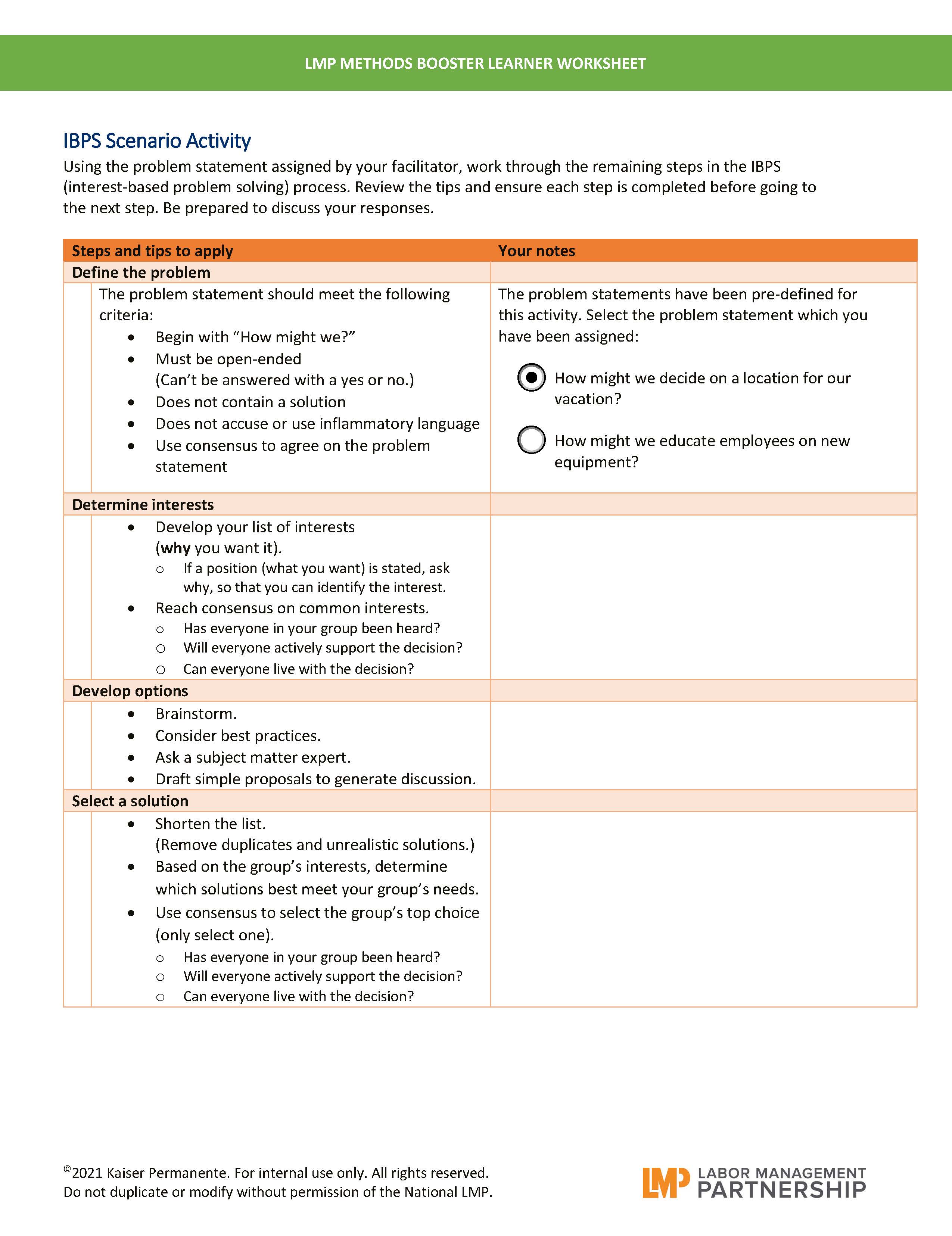 Booster learner worksheet